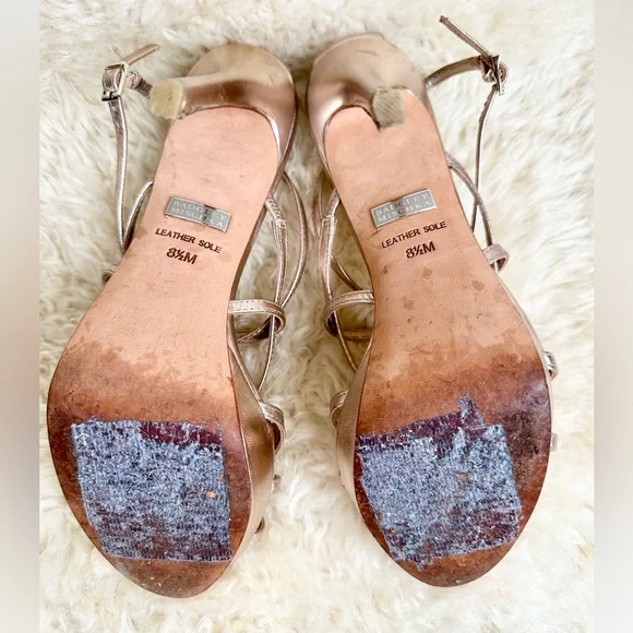 Badgley Mischka Gold Leather Metallic Strappy Stiletto Heels Sz 8.5 - Picture 7 of 10